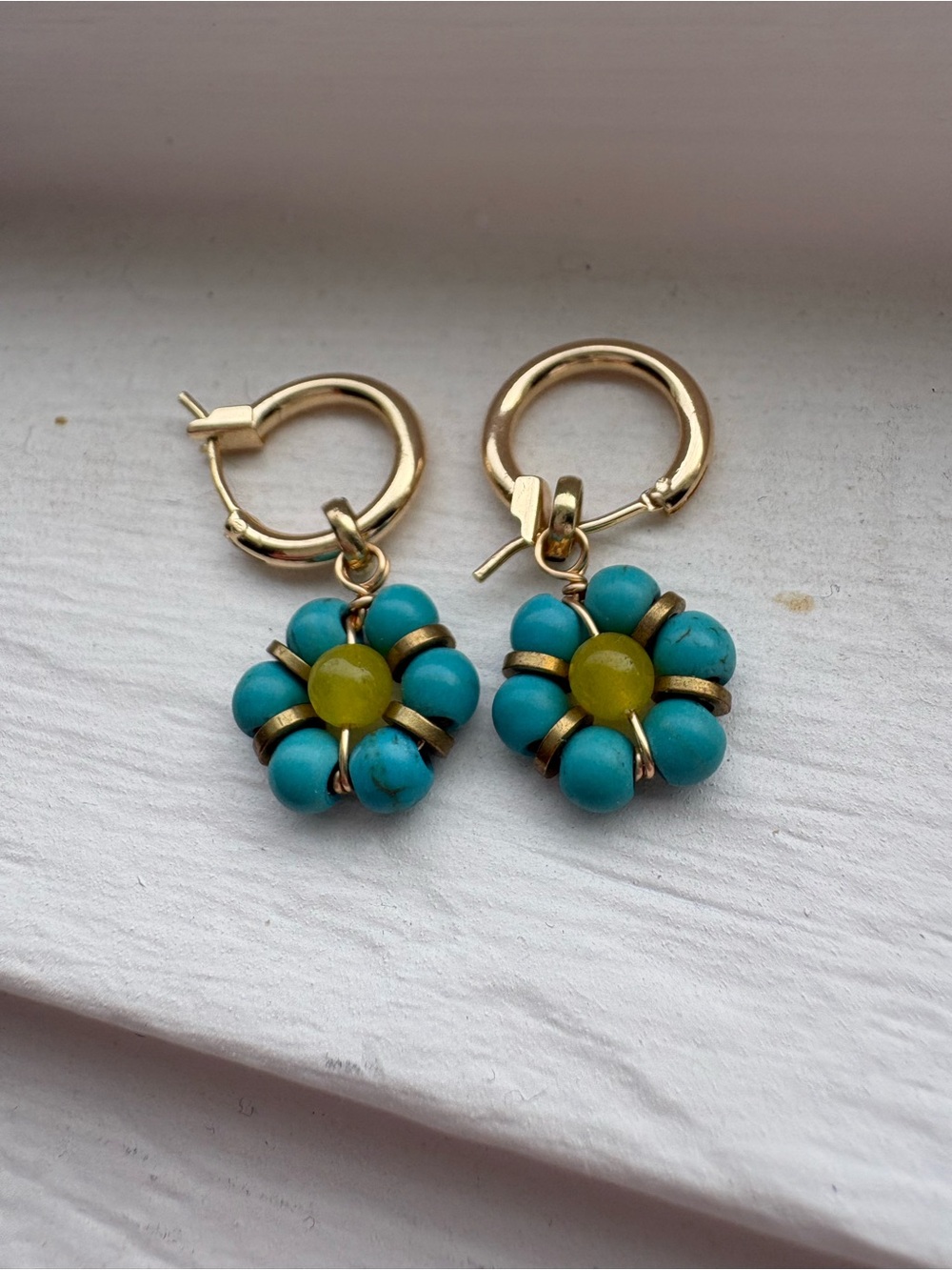 Lucky Brand Gold-tone Hoop Earrings with Turquoise and Yellow Flower Drops